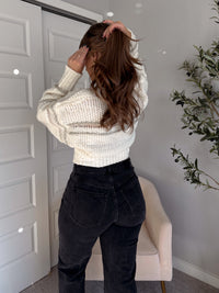 Sienne Striped Textured Cropped Sweater (Ivory/Olive)