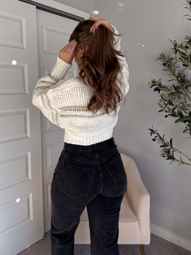 Sienne Striped Textured Cropped Sweater (Ivory/Olive)