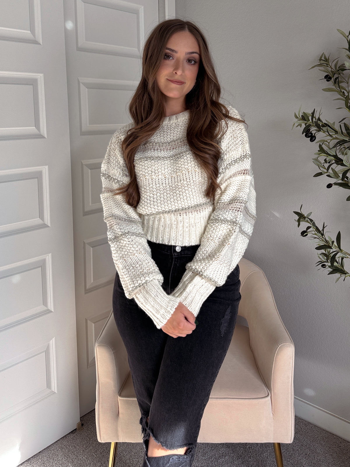 Sienne Striped Textured Cropped Sweater (Ivory/Olive)