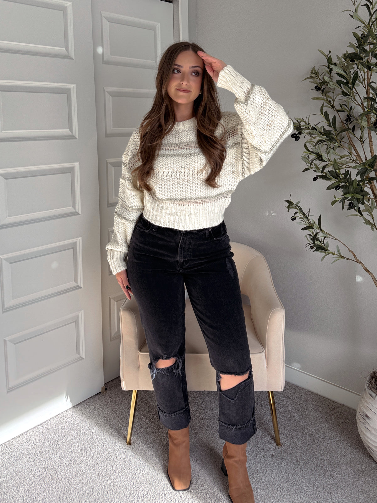 Sienne Striped Textured Cropped Sweater (Ivory/Olive)