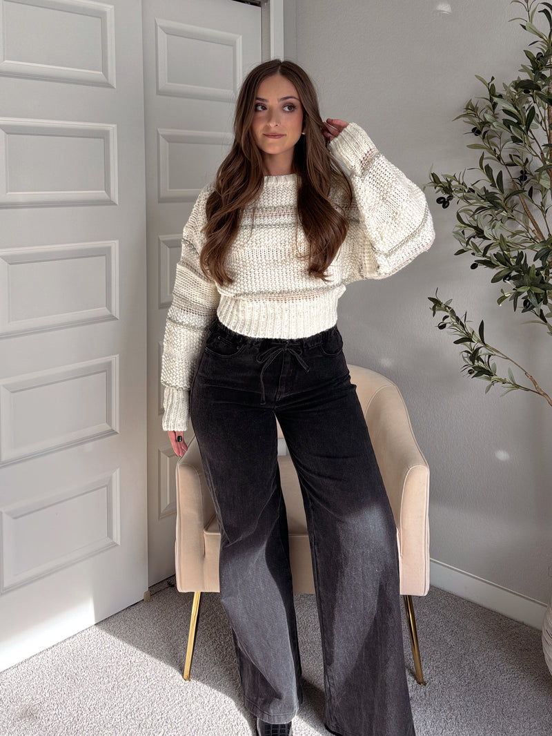 Sienne Striped Textured Cropped Sweater (Ivory/Olive)