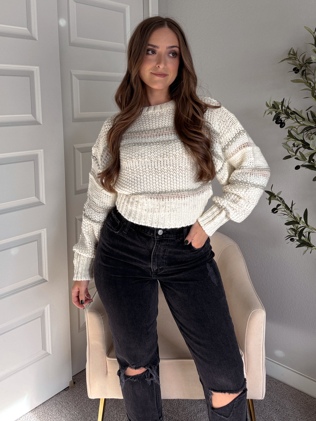 Sienne Striped Textured Cropped Sweater (Ivory/Olive)