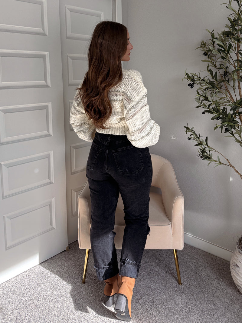 Sienne Striped Textured Cropped Sweater (Ivory/Olive)