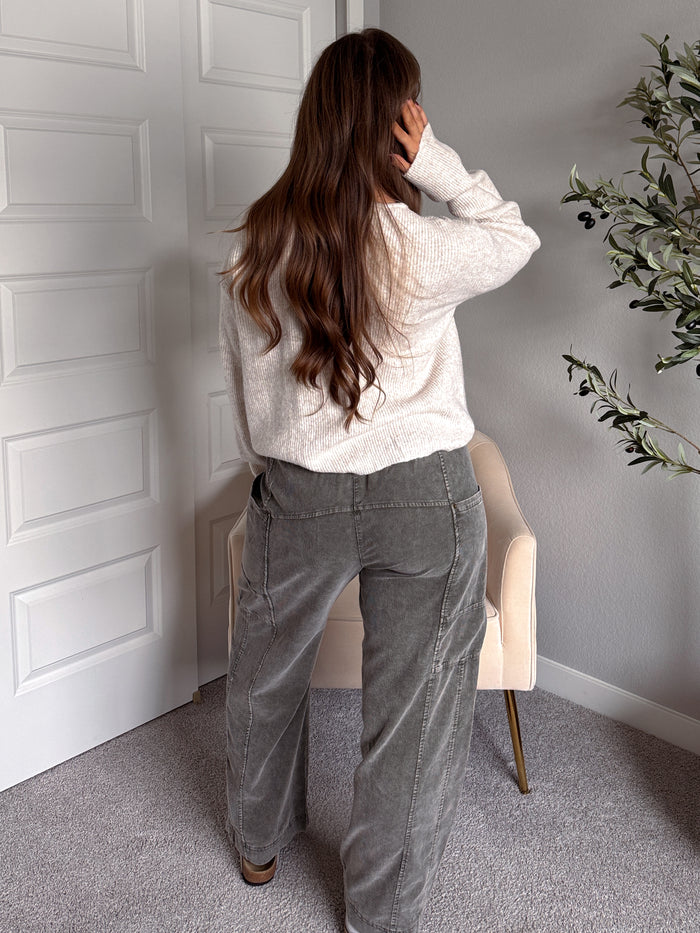 Sloane Corduroy Wide-Leg Cotton Utility Pants (Olive)