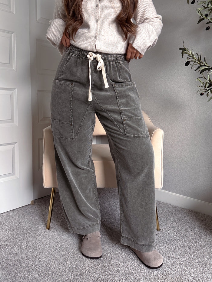 Sloane Corduroy Wide-Leg Cotton Utility Pants (Olive)
