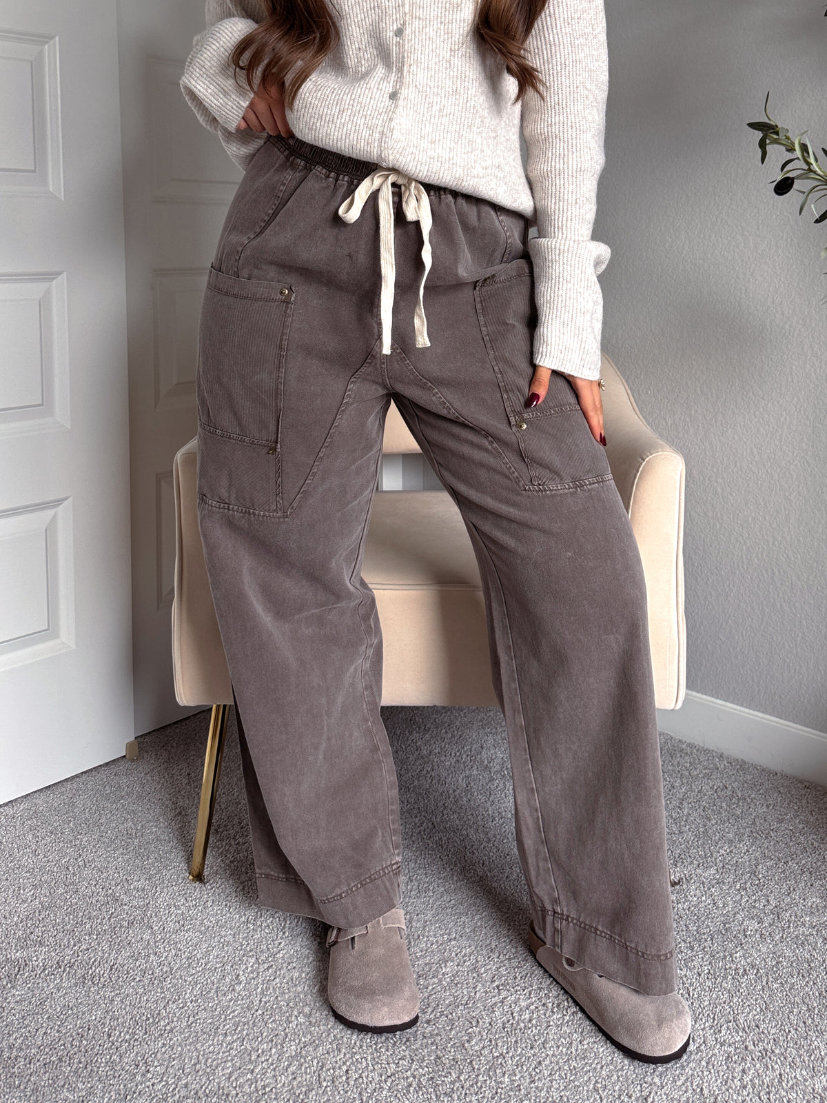 Sloane Wide-Leg Cotton Utility Pants (Espresso)