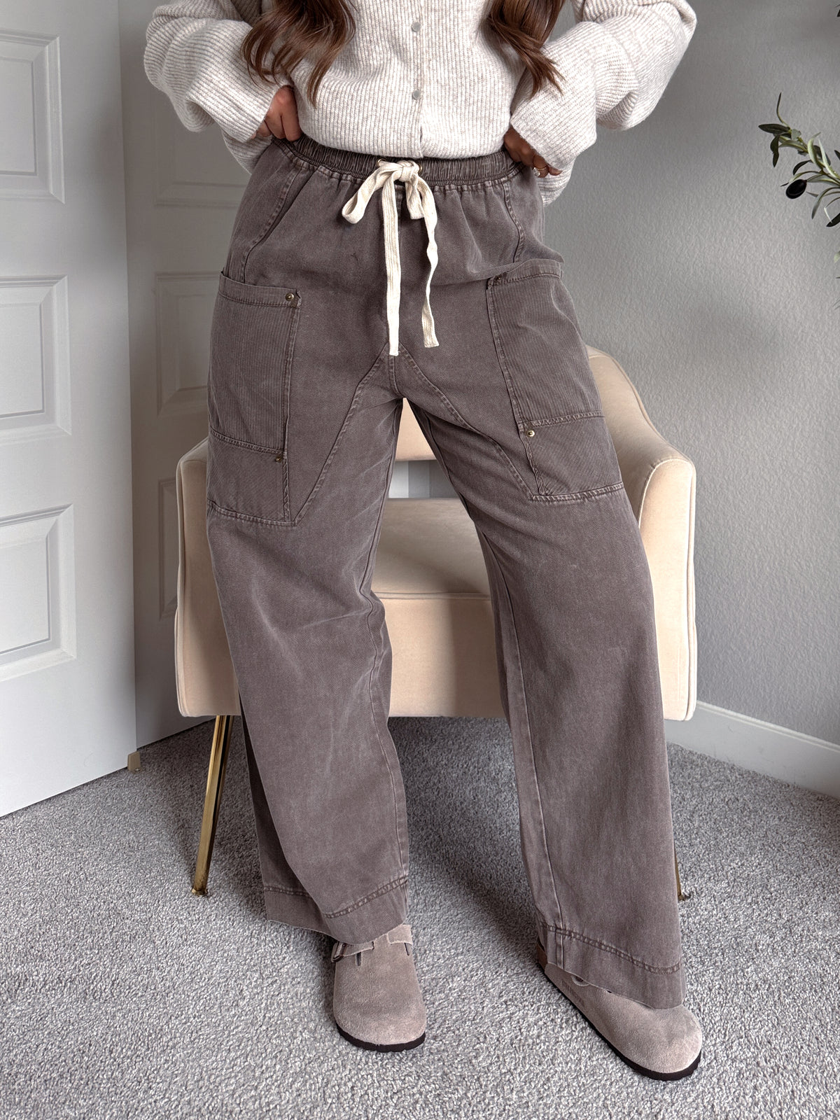 Sloane Wide-Leg Cotton Utility Pants (Espresso)