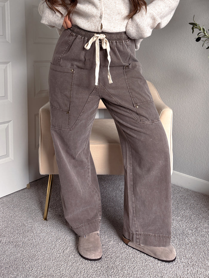 Sloane Wide-Leg Cotton Utility Pants (Espresso)