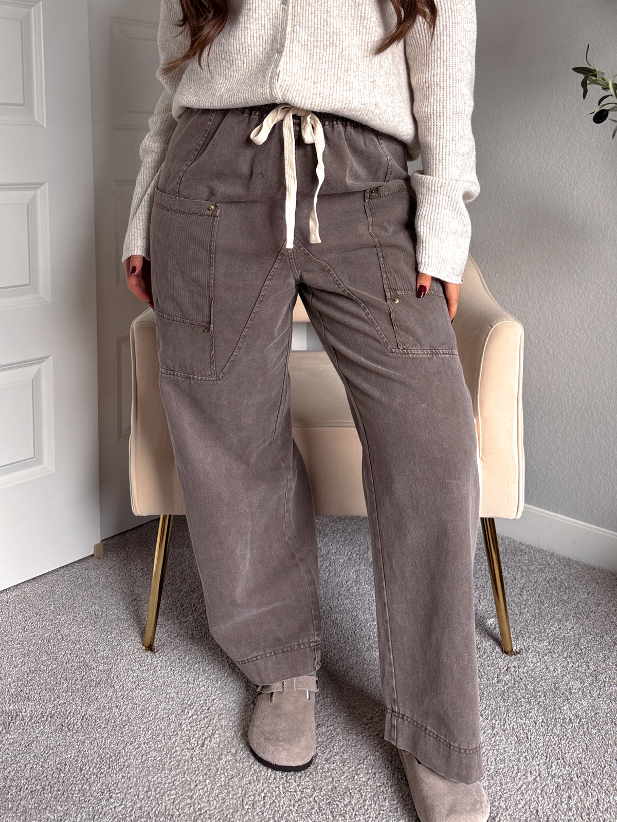 Sloane Wide-Leg Cotton Utility Pants (Espresso)