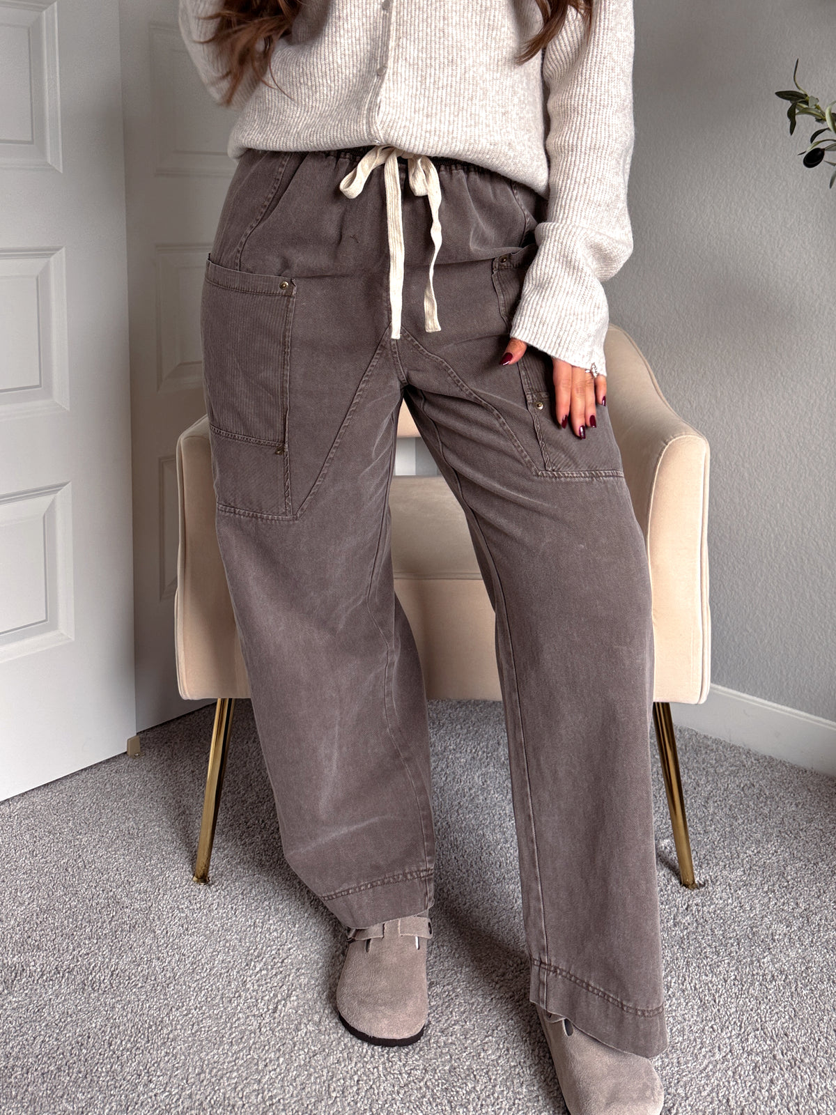 Sloane Wide-Leg Cotton Utility Pants (Espresso)