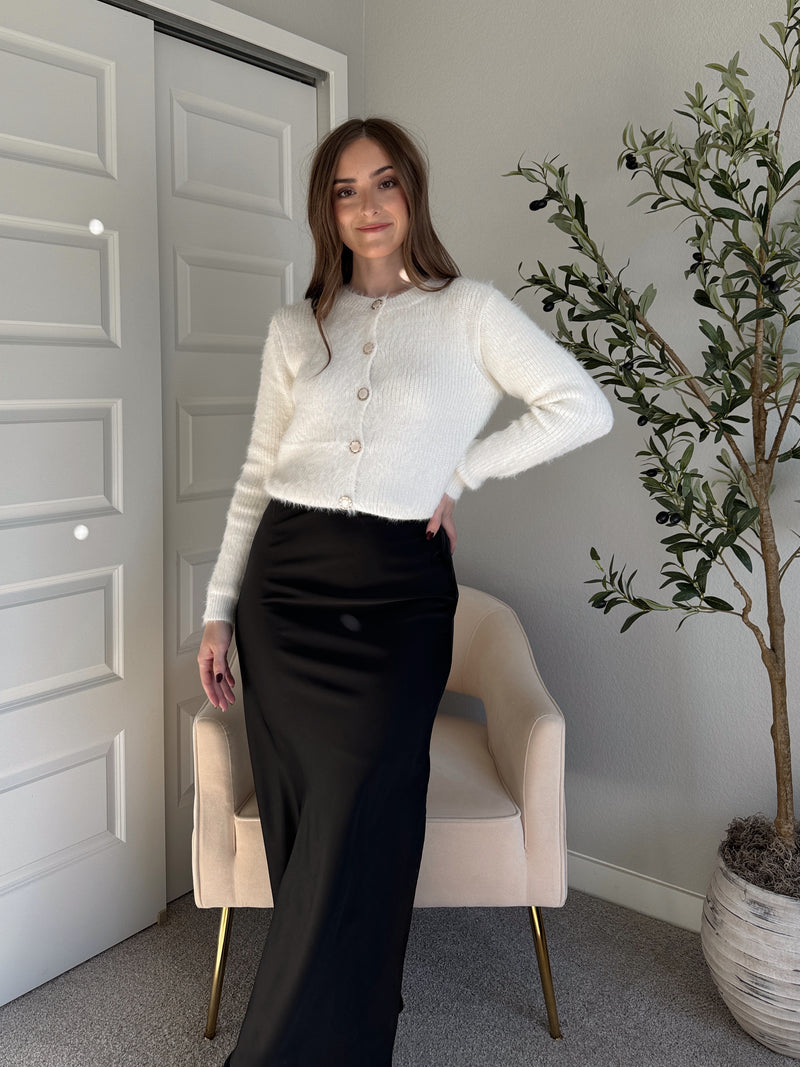 Snow Blossom Soft Eyelash Knit Button-Down Crop Cardigan (Snow White) Small Snow Blossom Soft Eyelash Knit Button-Down Crop Cardigan (Snow White) Small