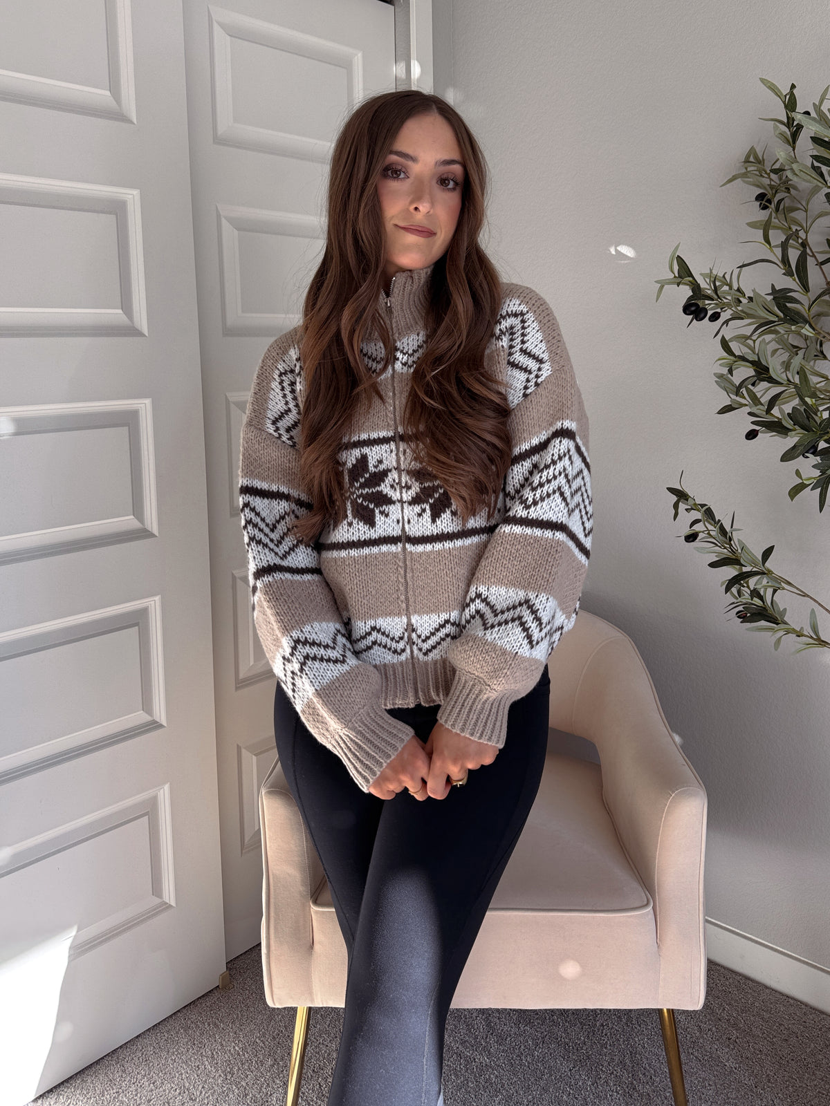 Snowpine Collared Fair Isle Zip-Up Sweater Jacket (Brown/Multi)