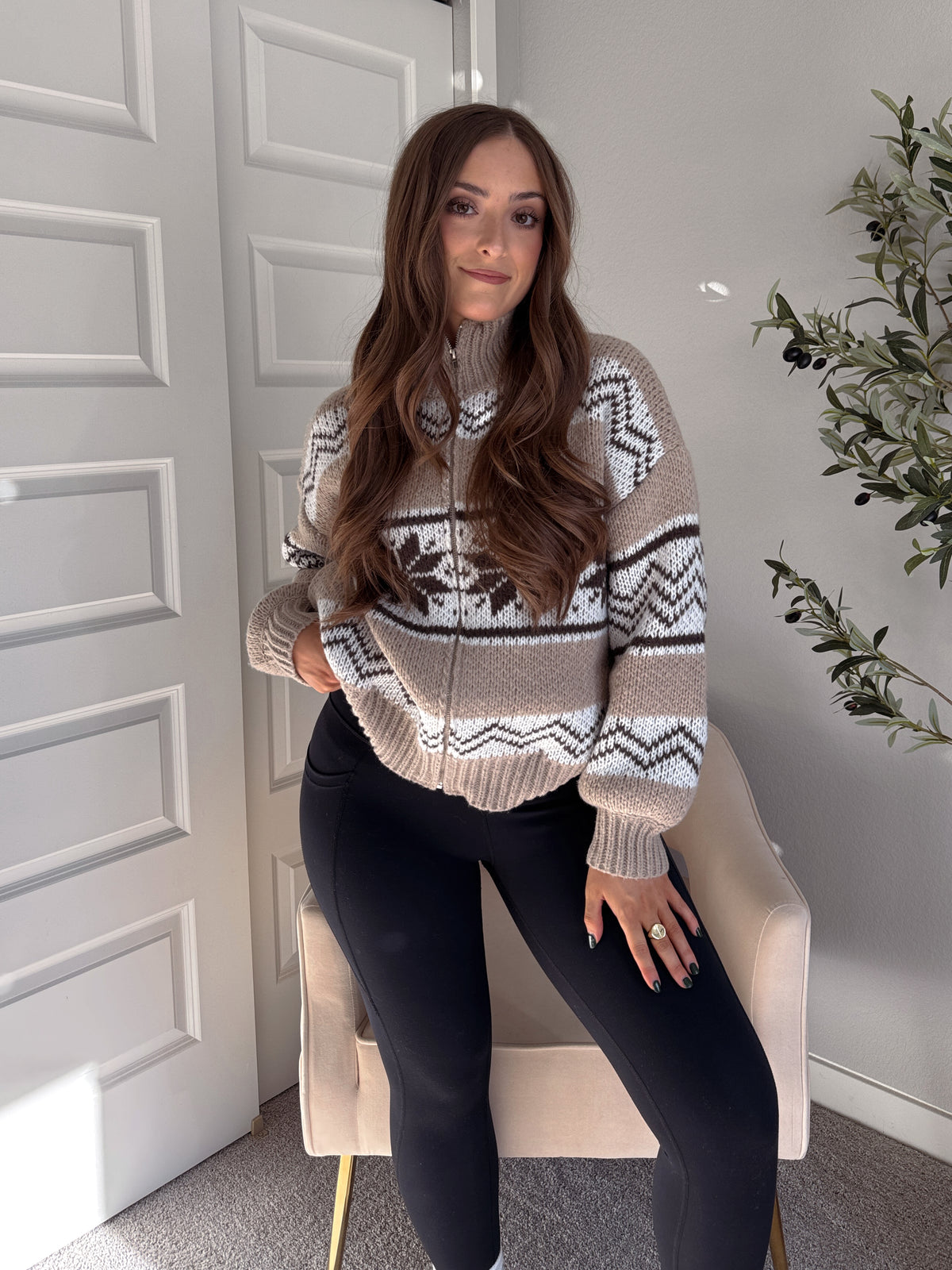 Snowpine Collared Fair Isle Zip-Up Sweater Jacket (Brown/Multi)