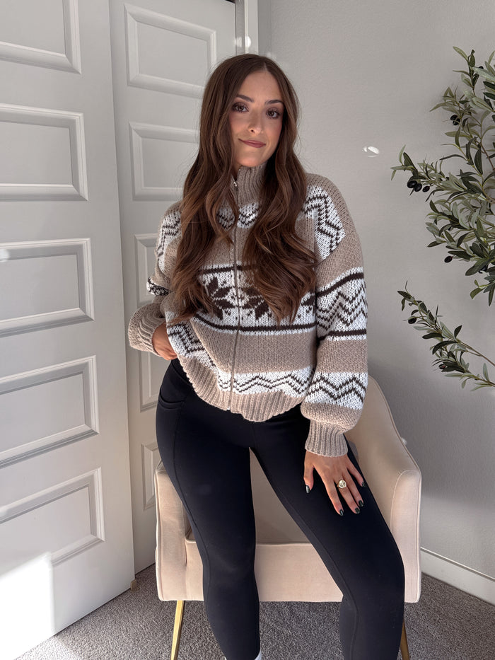 Snowpine Collared Fair Isle Zip-Up Sweater Jacket (Brown/Multi)