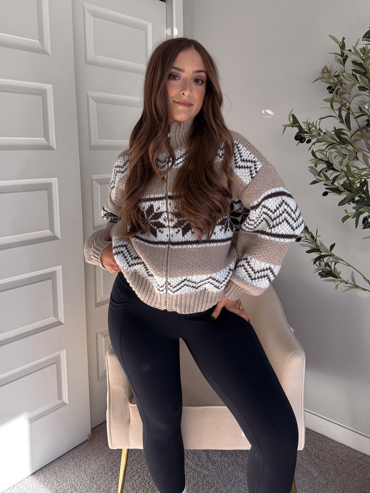 Snowpine Collared Fair Isle Zip-Up Sweater Jacket (Brown/Multi)