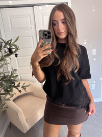 Soho Asymmetrical Lace Trim Oversized Cotton Tee (Black)