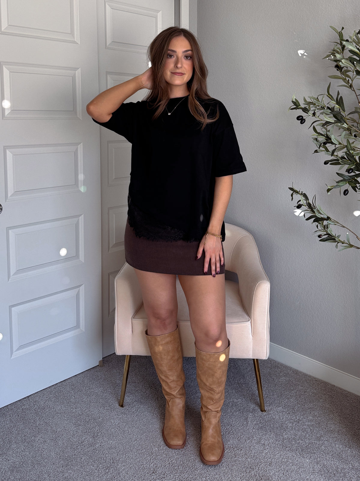 Soho Asymmetrical Lace Trim Oversized Cotton Tee (Black)