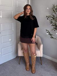 Soho Asymmetrical Lace Trim Oversized Cotton Tee (Black)