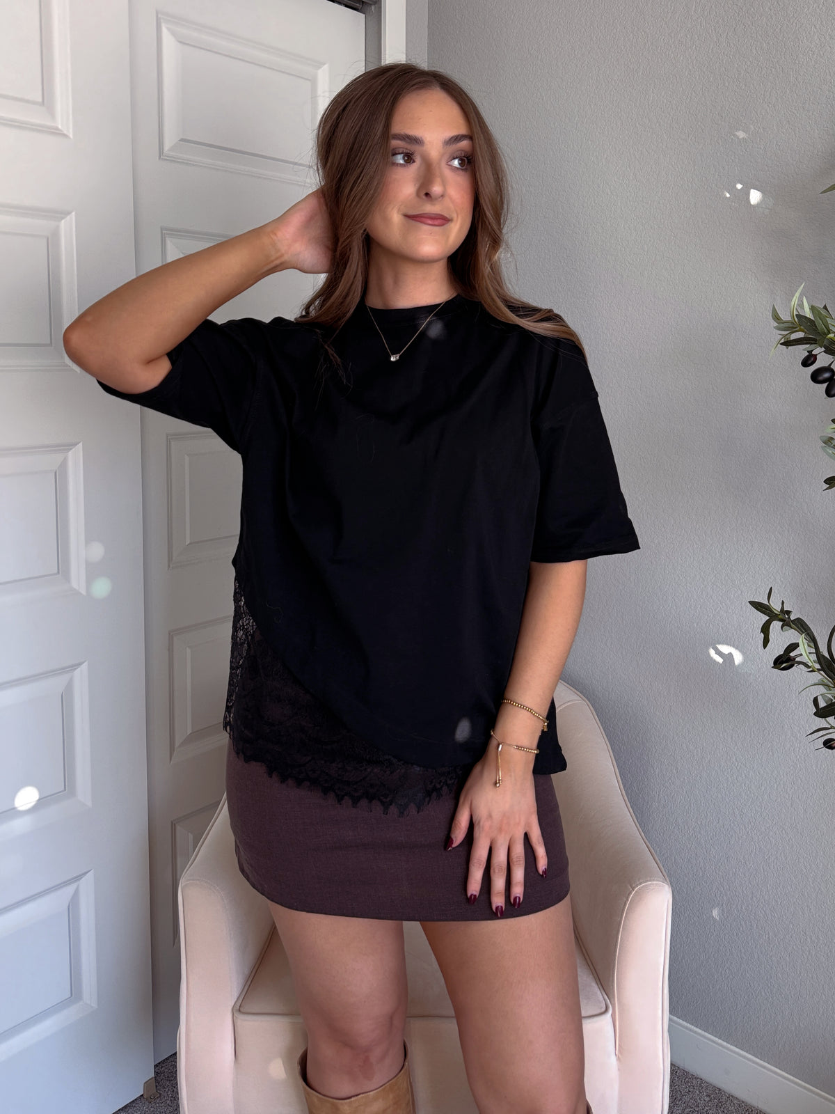 Soho Asymmetrical Lace Trim Oversized Cotton Tee (Black)