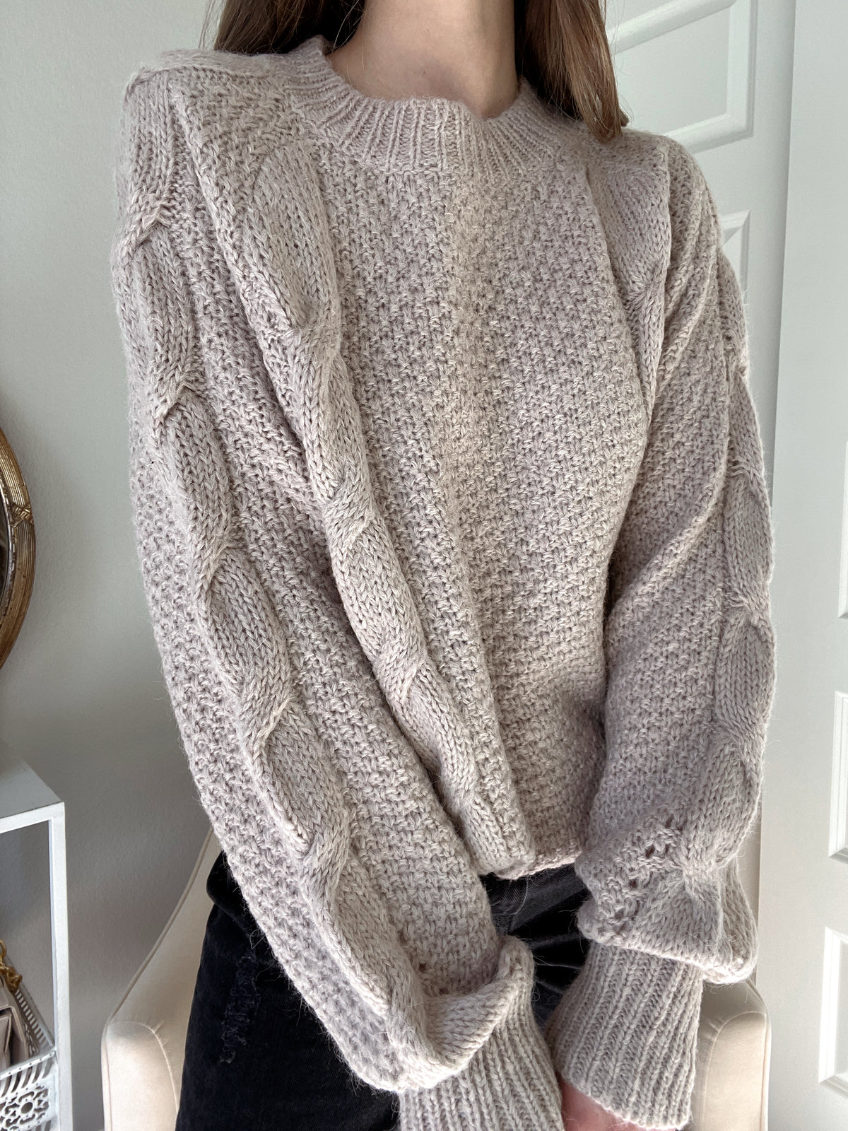 Soho Wool Blend Cable Knit Pullover Sweater (Almond)