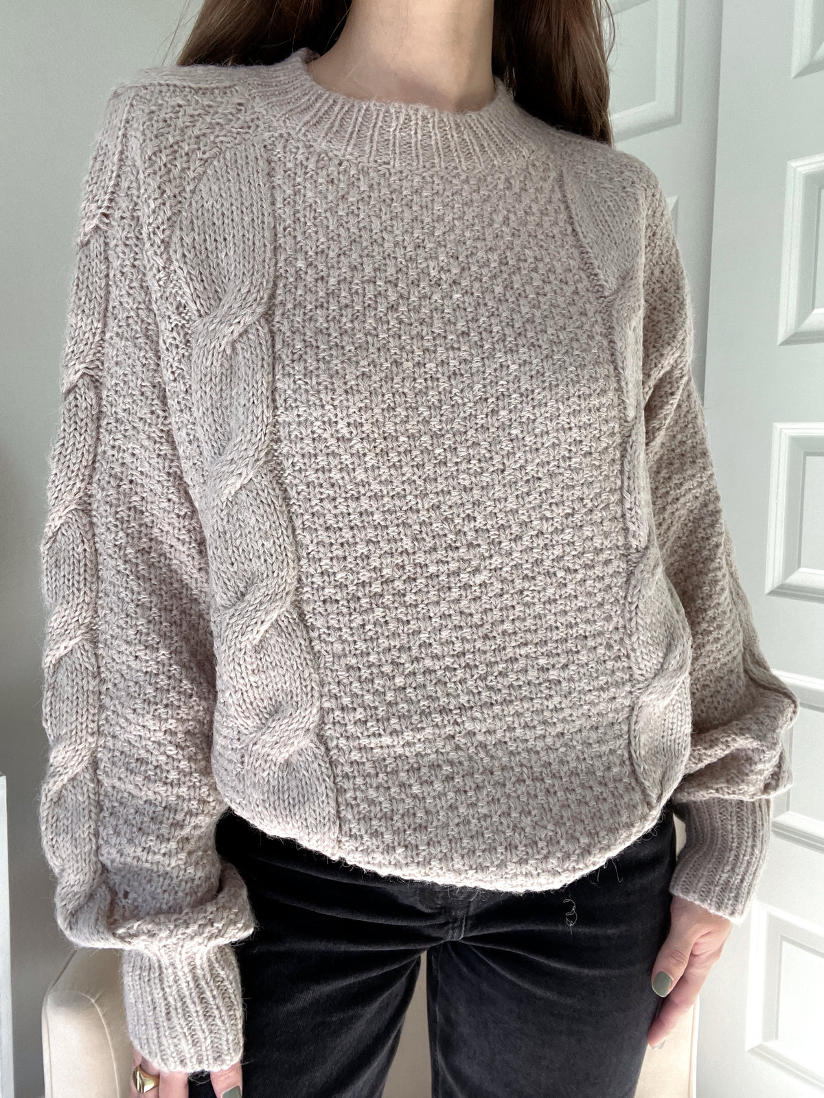 Soho Wool Blend Cable Knit Pullover Sweater (Almond)