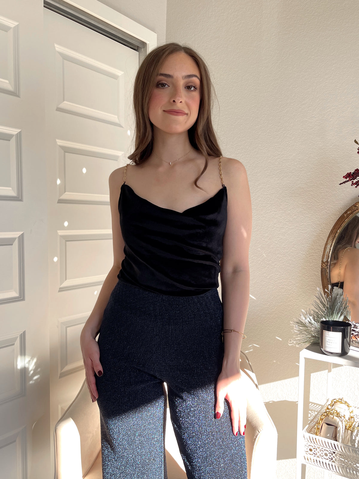 Sonja Velvet Cowl Neck Chain Strap Top (Black)