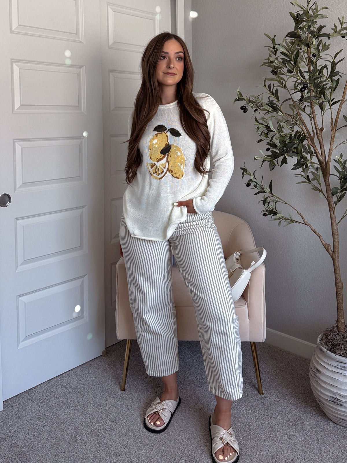 Sorrento Lemon Graphic Lightweight Oversized Knit Sweater (Cream)