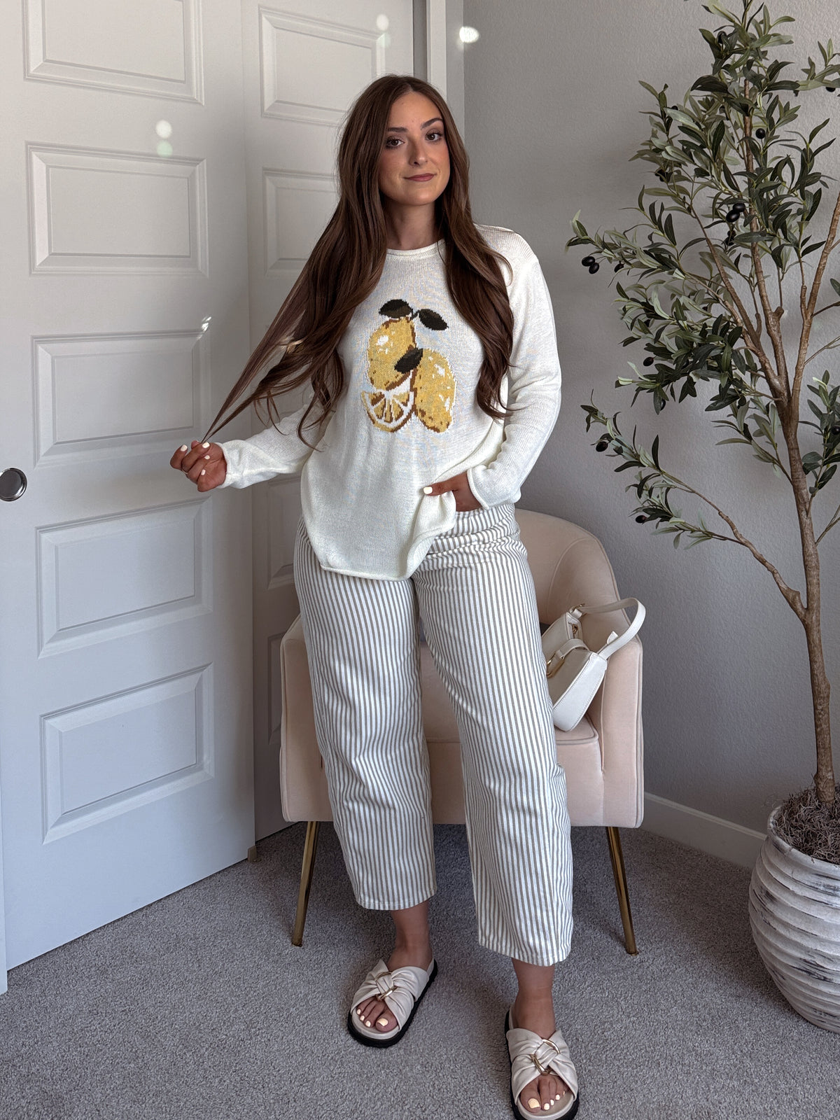 Sorrento Lemon Graphic Lightweight Oversized Knit Sweater (Cream)