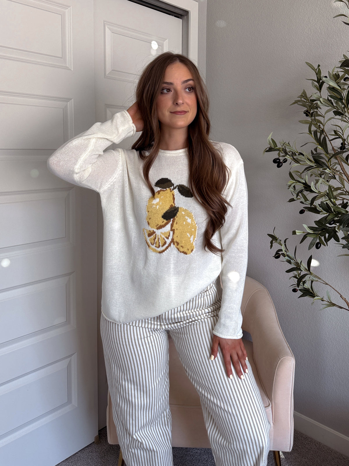 Sorrento Lemon Graphic Lightweight Oversized Knit Sweater (Cream)