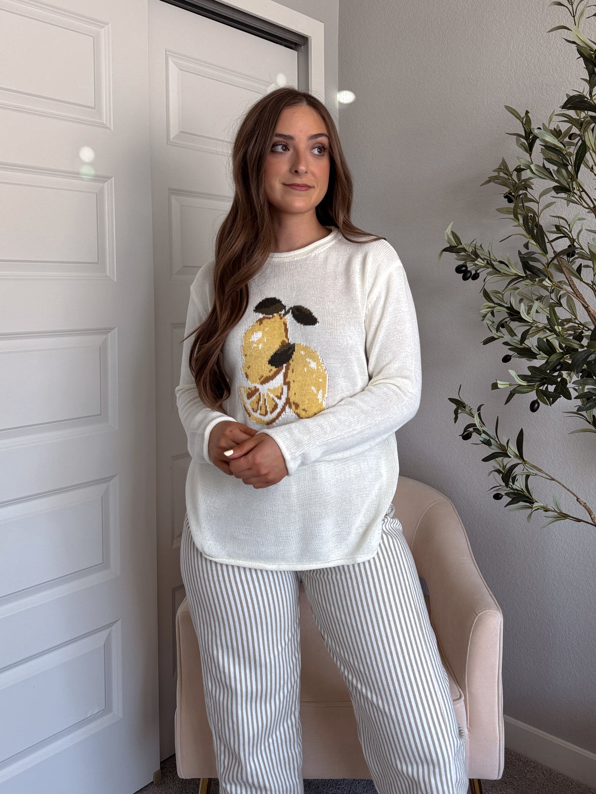 Sorrento Lemon Graphic Lightweight Oversized Knit Sweater (Cream)