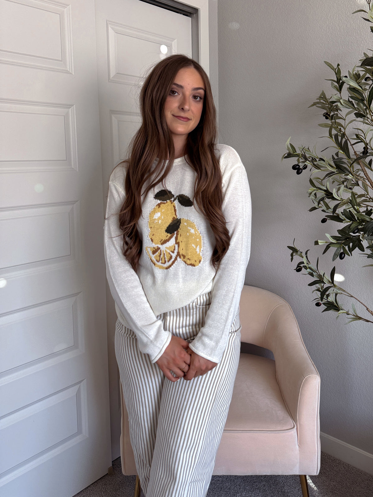 Sorrento Lemon Graphic Lightweight Oversized Knit Sweater (Cream)