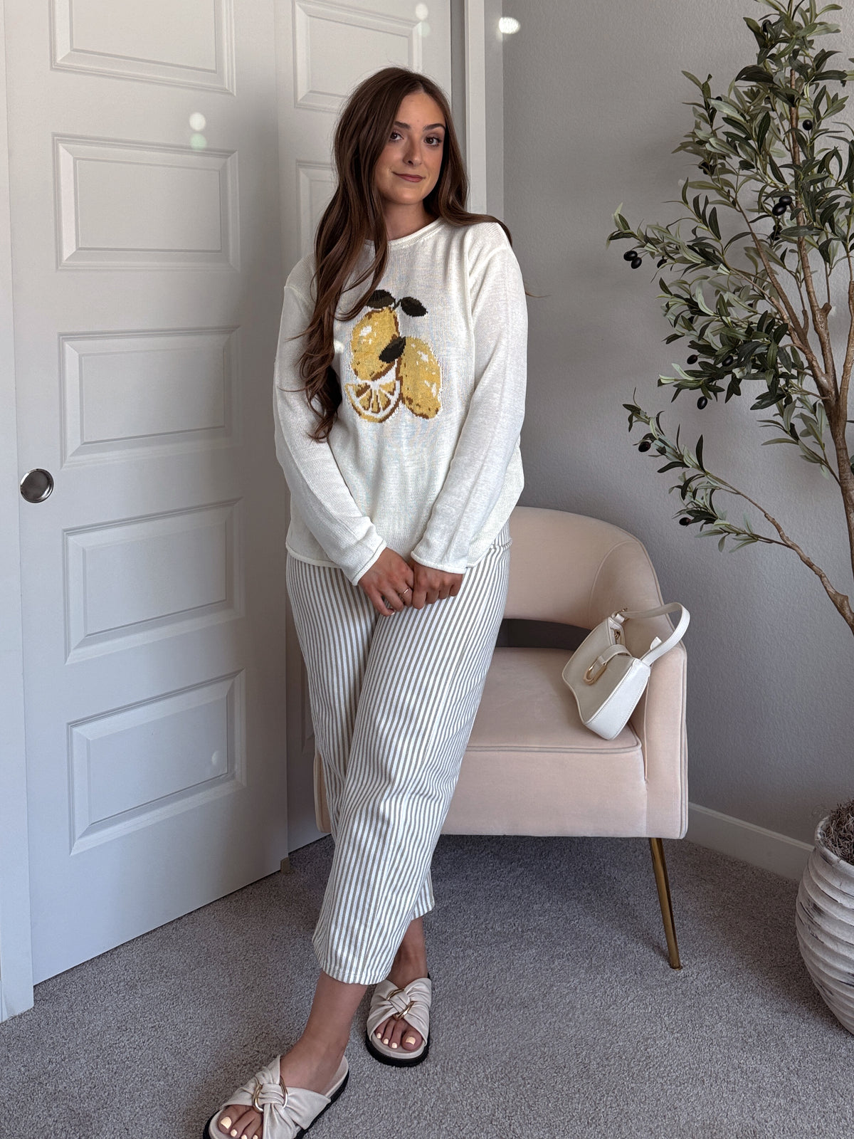 Sorrento Lemon Graphic Lightweight Oversized Knit Sweater (Cream)