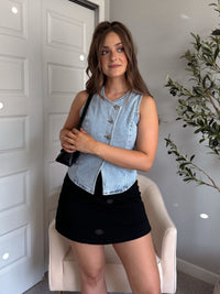 Stevie Asymmetrical Button Down Denim Vest (Light Wash)