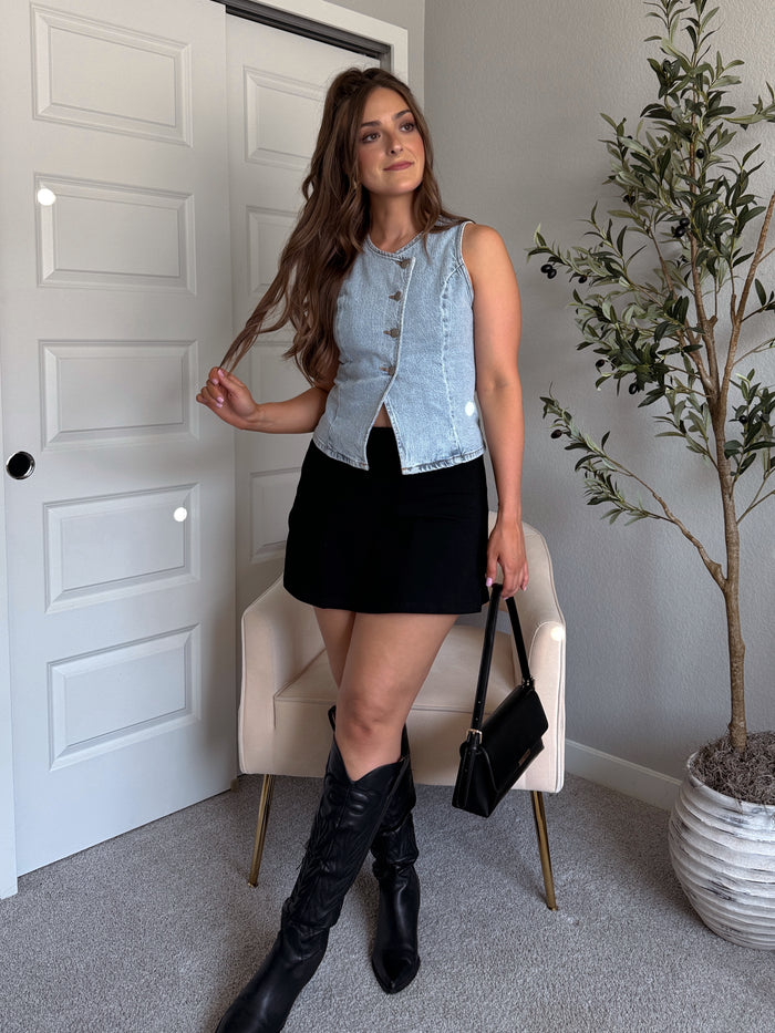 Stevie Asymmetrical Button Down Denim Vest (Light Wash)