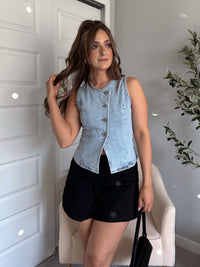 Stevie Asymmetrical Button Down Denim Vest (Light Wash)