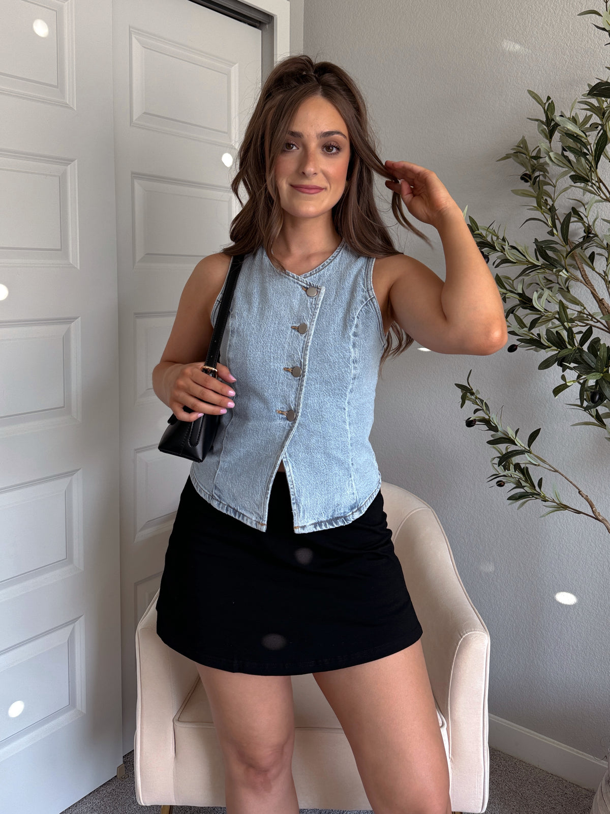 Stevie Asymmetrical Button Down Denim Vest (Light Wash)