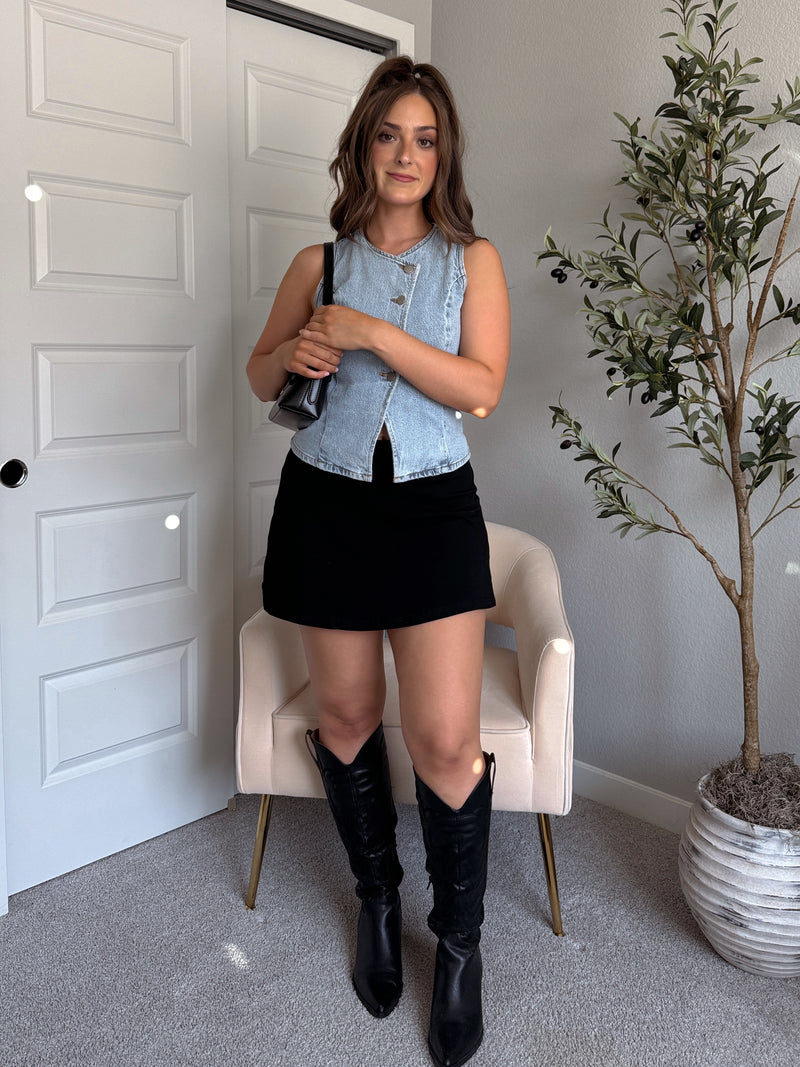 Stevie Asymmetrical Button Down Denim Vest (Light Wash)