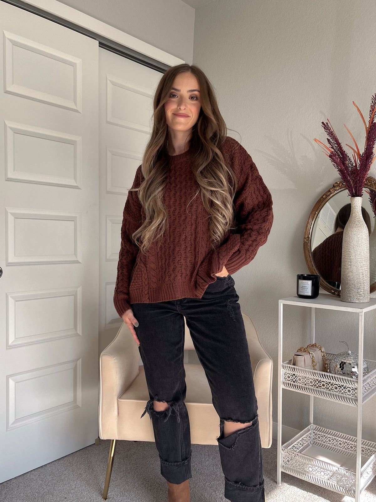Stowe Braided Cable Knit Sweater (Chocolate Brown)