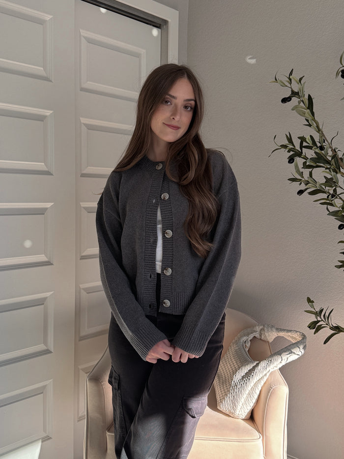 Stratton Round Neckline Button Down Knit Cardigan (Dark Gray)