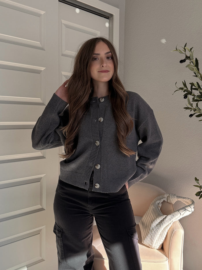 Stratton Round Neckline Button Down Knit Cardigan (Dark Gray)