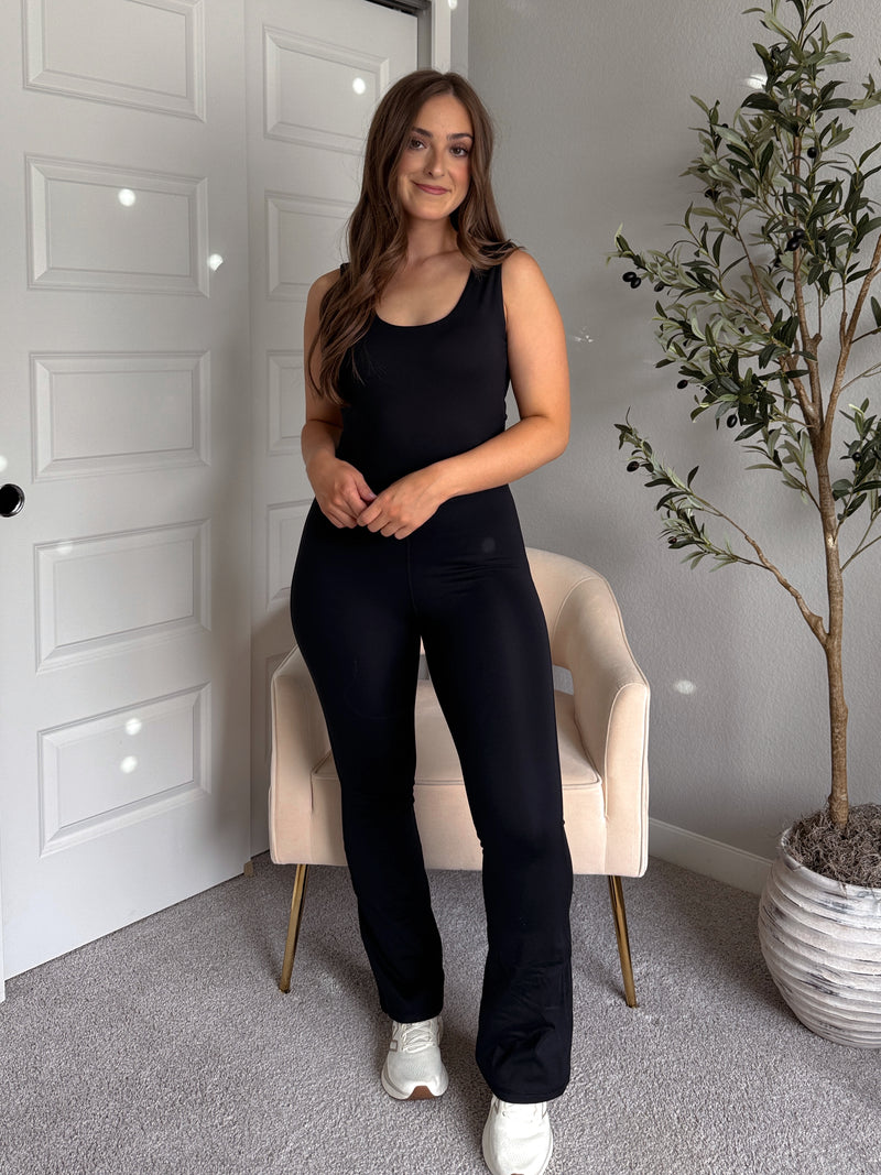 Studio Twist-Back Athleisure Flare Jumpsuit (Black)