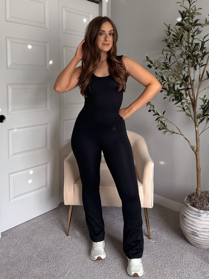 Studio Twist-Back Athleisure Flare Jumpsuit (Black)