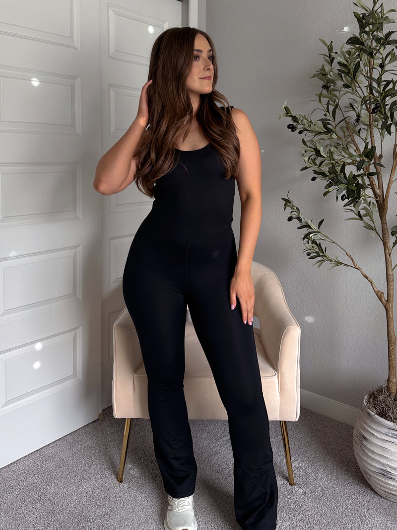 Studio Twist-Back Athleisure Flare Jumpsuit (Black)