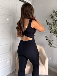 Studio Twist-Back Athleisure Flare Jumpsuit (Black)