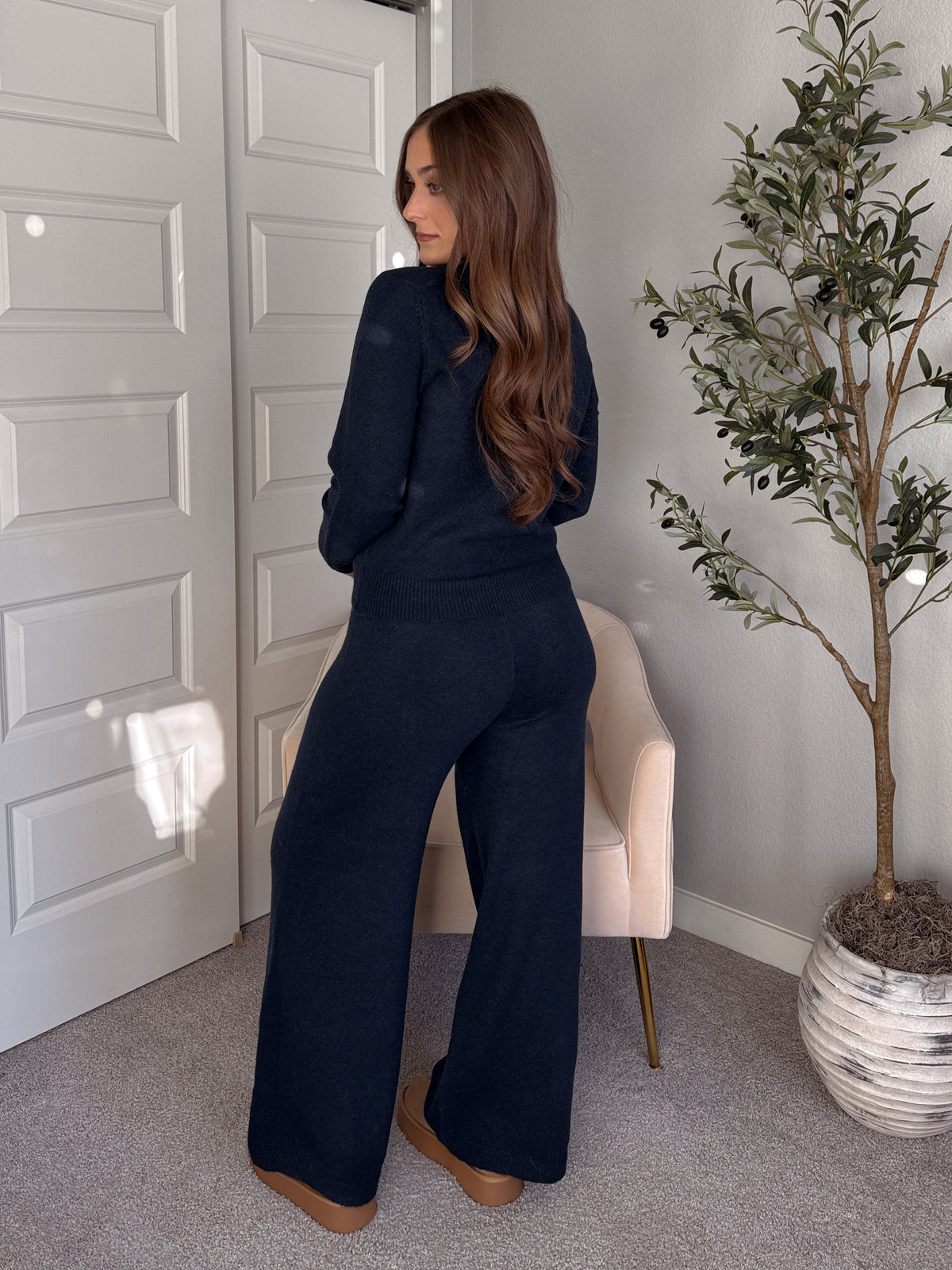 Sunday Morning Wide Leg Knit Pants (Navy)