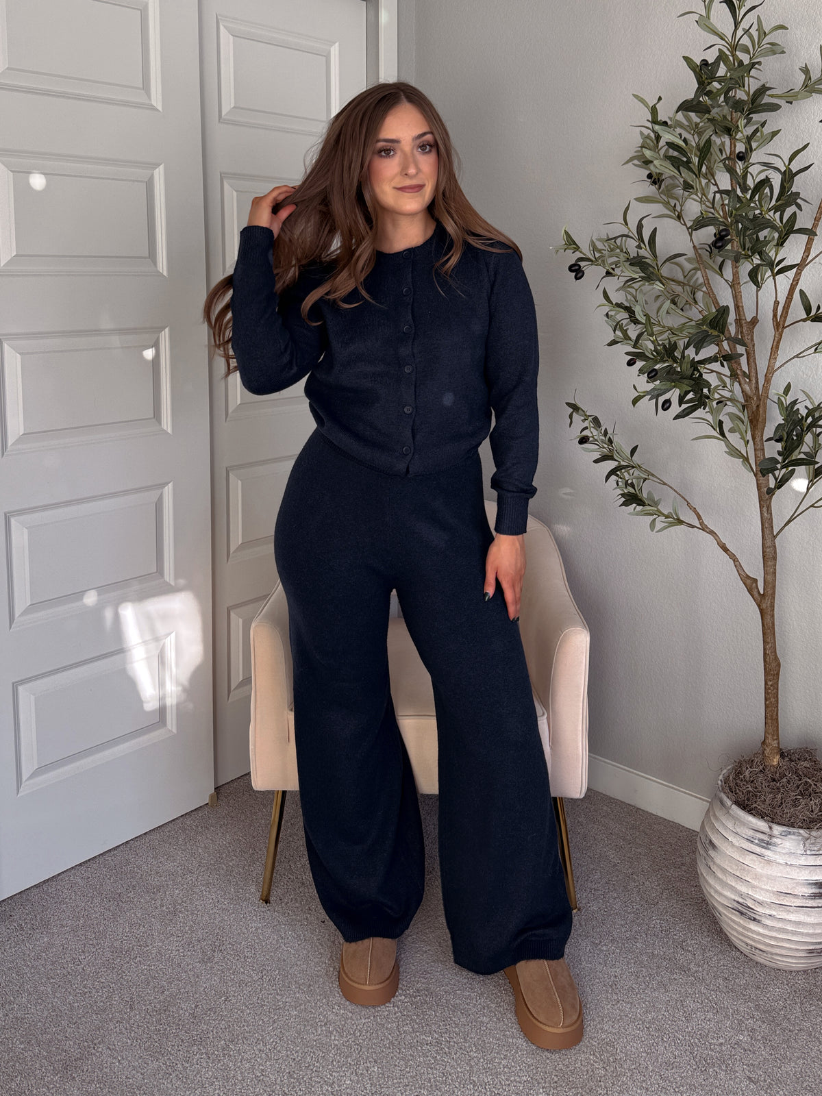 Sunday Morning Wide Leg Knit Pants (Navy)