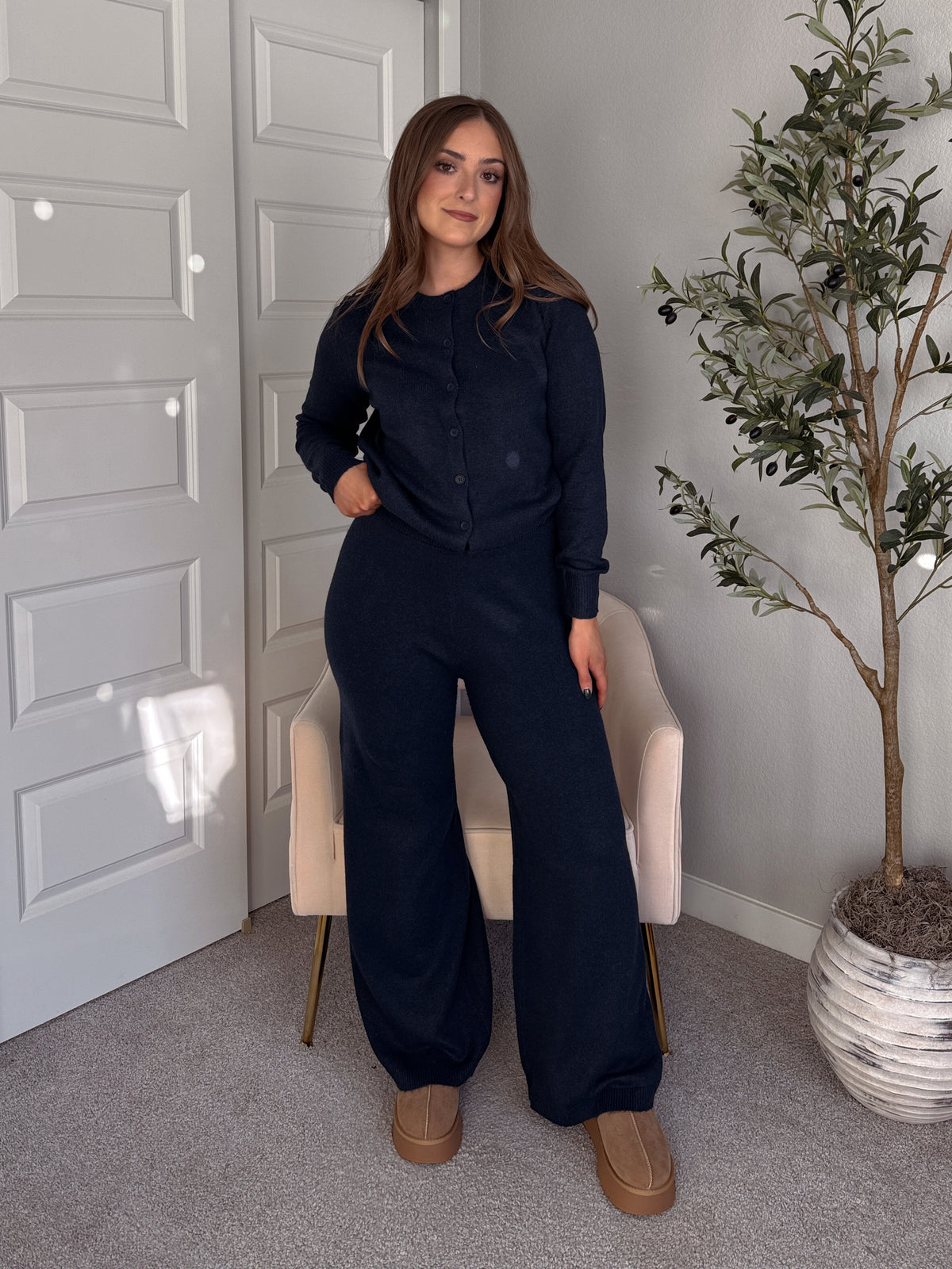 Sunday Morning Wide Leg Knit Pants (Navy)