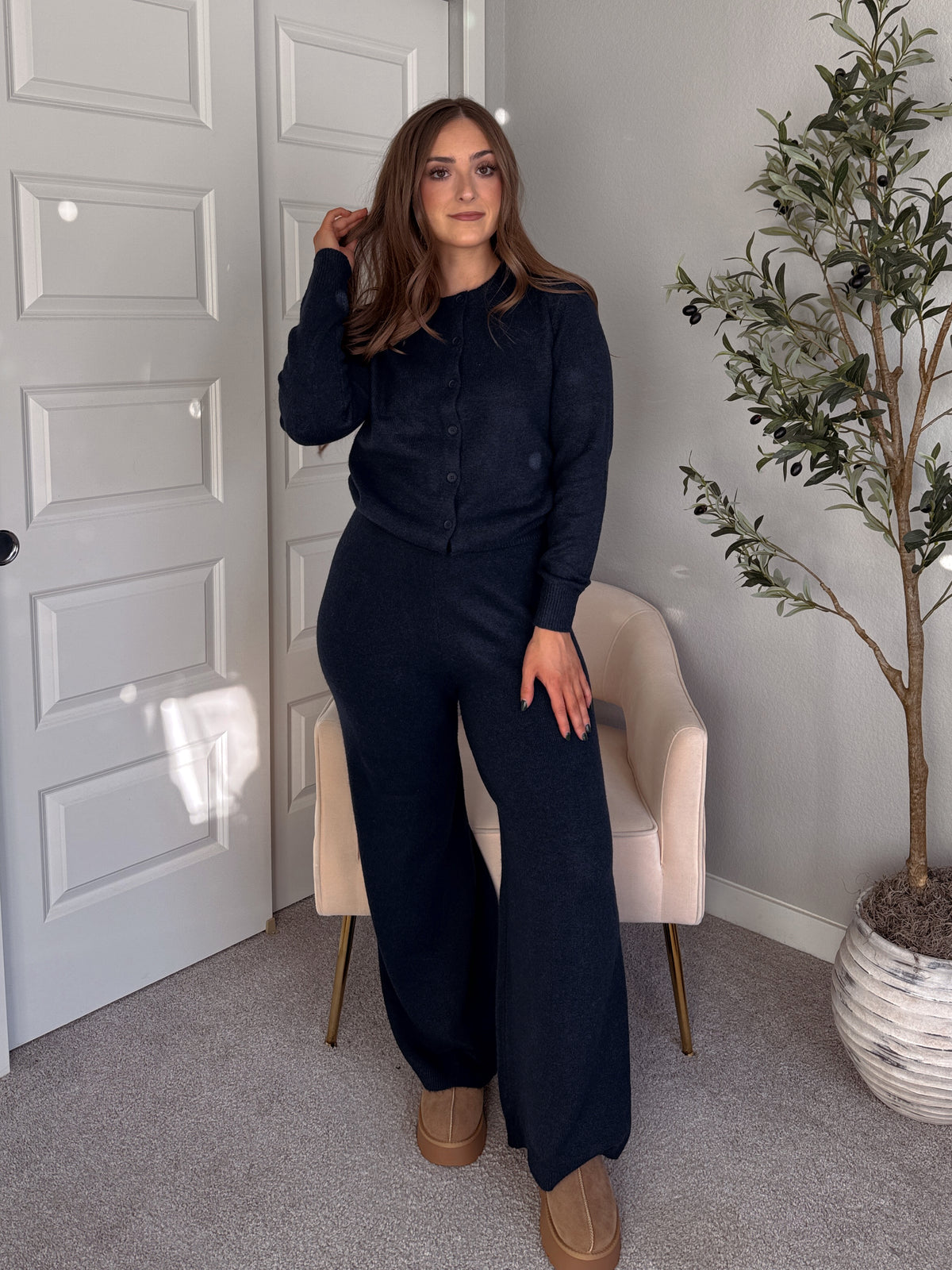 Sunday Morning Wide Leg Knit Pants (Navy)