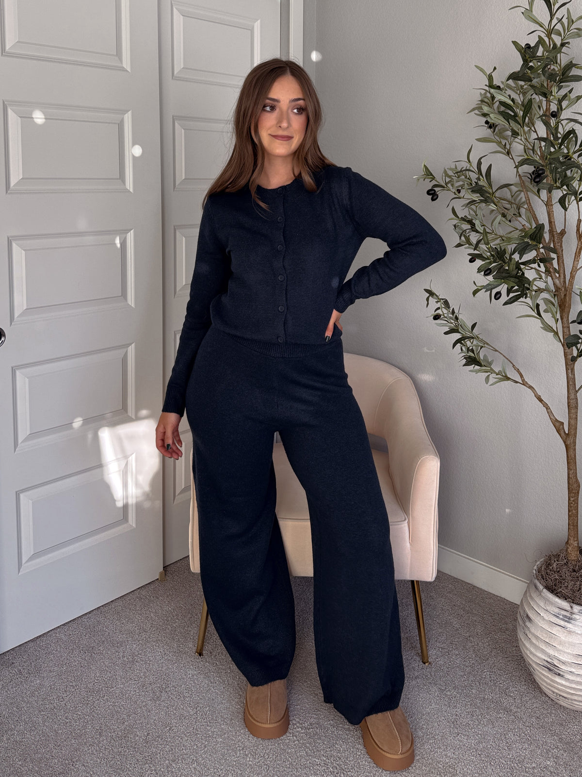 Sunday Morning Wide Leg Knit Pants (Navy)
