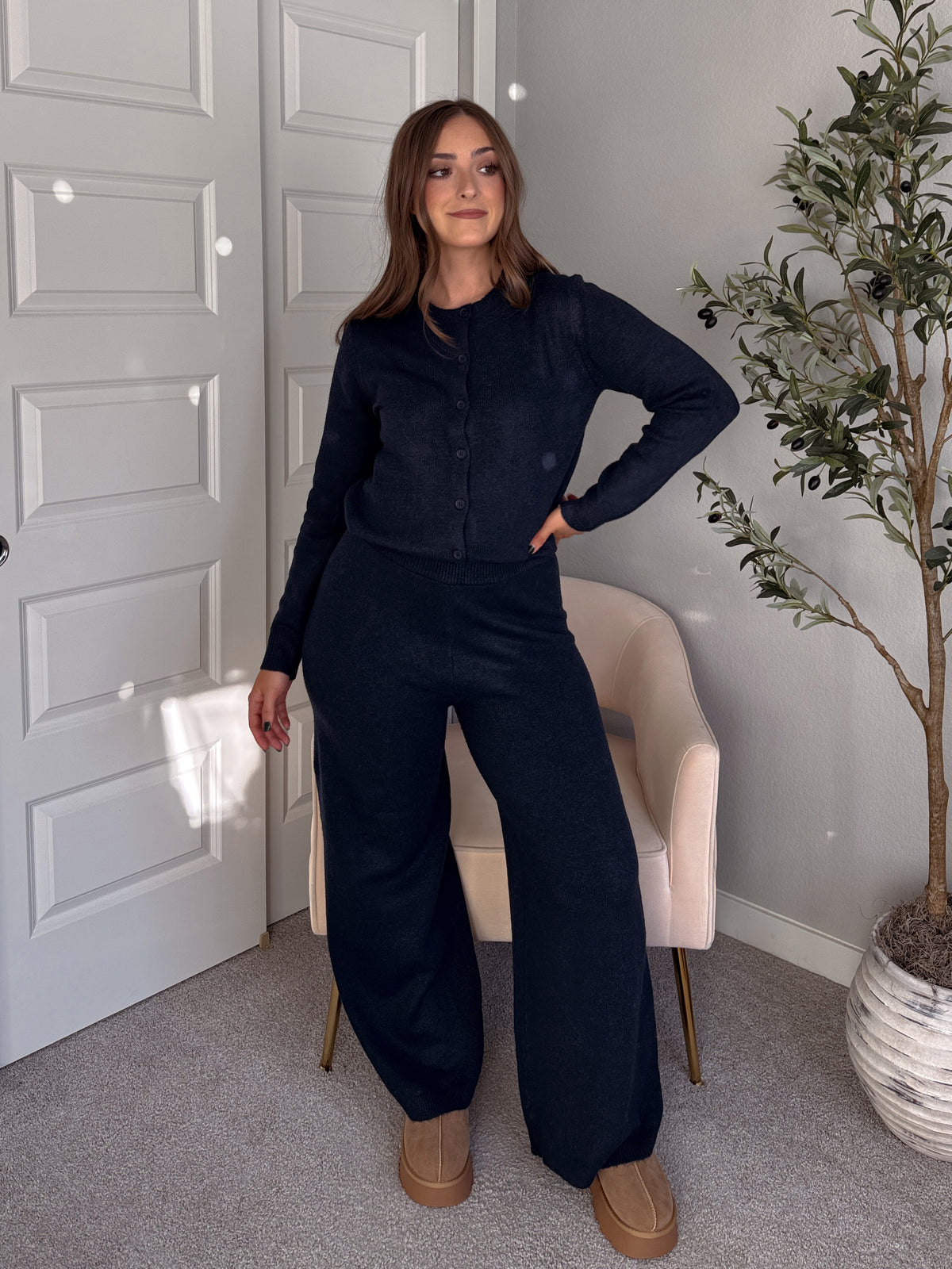 Sunday Morning Wide Leg Knit Pants (Navy)